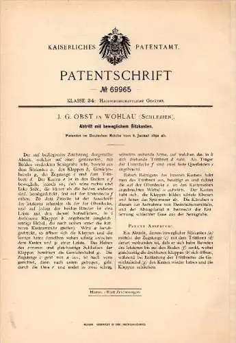 Original Patent - J.G. Obst in Wohlau /  Wo&#322;ów i. Schlesien , 1892 , Toilette , WC , Closet !!!