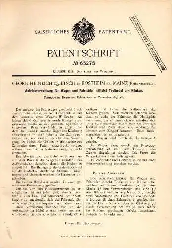 Original Patentschrift - G.H. Quetsch in Kostheim b. Mainz , 1891 , Antrieb für Wagen und Fahrrad , Fahrräder !!!