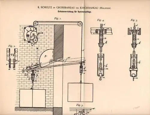 Original Patentschrift - K. Schultz in Großbarkau b. Kirchbarkau / Plön , 1892 , Entladeapparat für Aufzug , Speicher !!