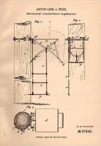 Original Patentschrift - Anton Link in Wien , 1892 , einstellbare Jagdkanzel , Jagd , Jäger !!!
