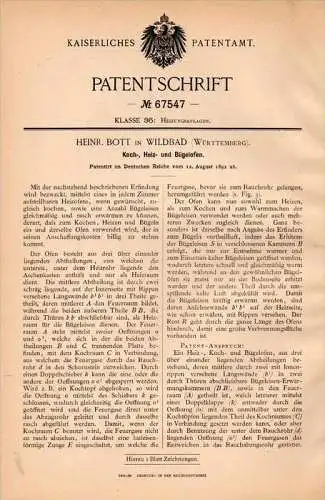 Original Patentschrift - Heinr. Bott in Wildbad b. Calw , 1892 , Kochofen , Ofen , Bügeleisen , Heizung !!!
