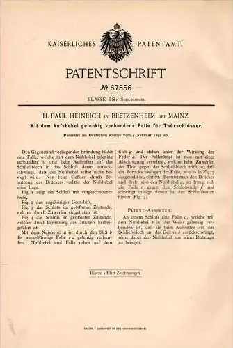 Original Patentschrift - Paul Heinrich in Bretzenheim b. Mainz , 1892 , Falle für Türschloß , Schlüsseldienst , Tür !!!