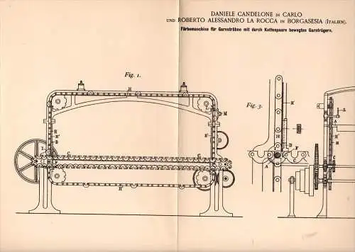 Original Patentschrift -D. di Carlo e R.A. la Rocca in Borgosesia , 1892 , Macchina di tintura di filati, tessuti !!!