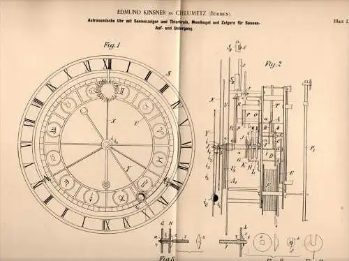 Original Patentschrift - E. Kinsner in Chlumetz ,1895, Astronomische Uhr , Astronomie , Tierkreis , Chlumec nad Cidl !!!