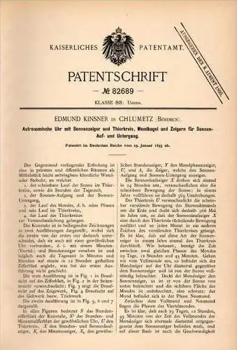 Original Patentschrift - E. Kinsner in Chlumetz ,1895, Astronomische Uhr , Astronomie , Tierkreis , Chlumec nad Cidl !!!