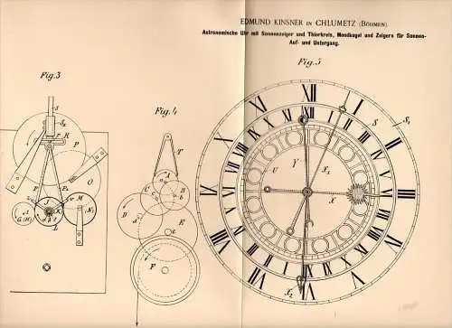 Original Patentschrift - E. Kinsner in Chlumetz ,1895, Astronomische Uhr , Astronomie , Tierkreis , Chlumec nad Cidl !!!