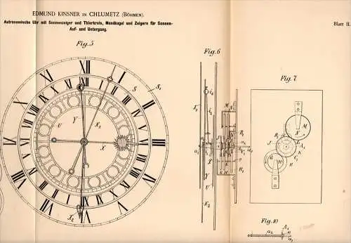 Original Patentschrift - E. Kinsner in Chlumetz ,1895, Astronomische Uhr , Astronomie , Tierkreis , Chlumec nad Cidl !!!