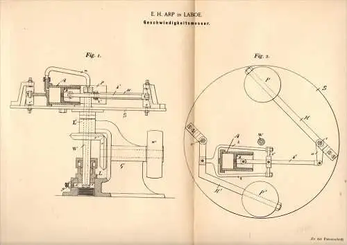 Original Patentschrift - E.H. Arp in Laboe , 1891 , Geschwindigkeitsmesser , Tachometer , Tacho  !!!