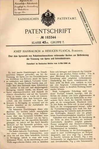 Original Patentschrift - J. Hannausch in Resucen - Vlasca , Romania , 1906 , Rechen für Dreschmaschine , Agrar  !!!