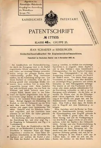 Original Patentschrift - Jean Schaefer in Sindlingen , 1905 , Anlaßkurbel für Kraftmaschinen , Motoren , Frankfurt !!!