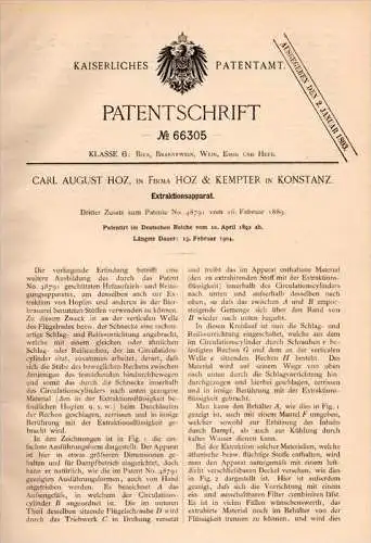 Original Patentschrift - Hoz & Kempter in Konstanz , 1892 , Extraktionsapparat , Bier , Brauerei , Hefe , Alkohol !!!