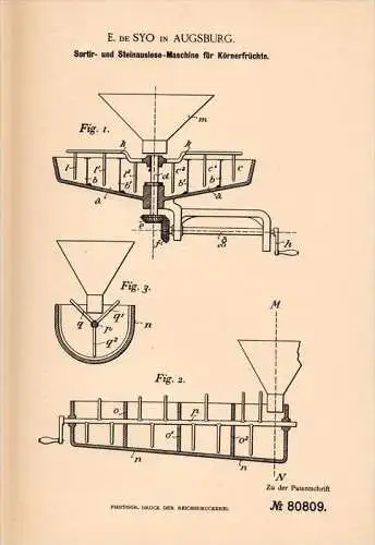 Original Patentschrift - E. de Syo in Augsburg ,1894, Steinauslesemaschine für Körnerfrüchte , Agrar , Landwirtschaft !!
