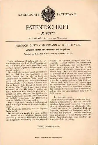Original Patentschrift - H. Hartmann in Rochlitz i.S., 1894 , Luftzellen - Reifen für Fahrräder , Fahrrad !!!