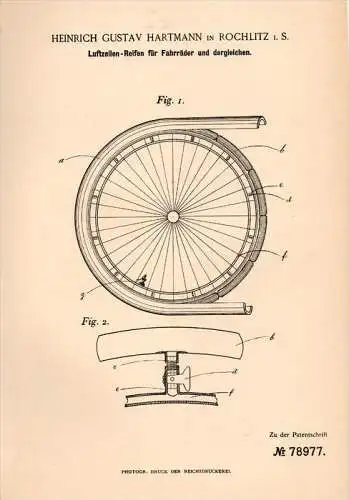 Original Patentschrift - H. Hartmann in Rochlitz i.S., 1894 , Luftzellen - Reifen für Fahrräder , Fahrrad !!!