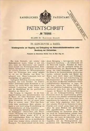 Original Patentschrift - F. Klingelfuss in Basel , 1894 , Schaltung zum Kuppeln , Maschinen , Maschinenbau !!!