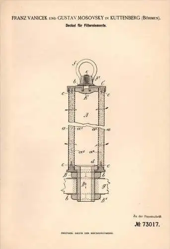 Original Patentschrift - F. Vanicek und G. Mosovsky in Kuttenberg / Kutná Hora , 1893 , Deckel für Filter , Chemie !!!
