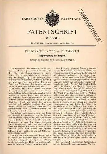 Original Patentschrift - F. Jacob in Dinslaken , 1893, Saugapparat für Jungvieh , Viehzucht , Tierzucht , Landwirtschaft