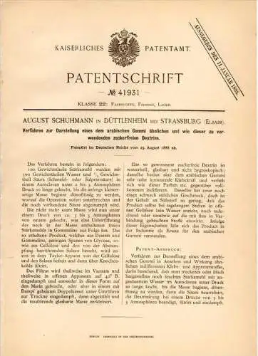 Original Patentschrift - A. Schuhmann in Duttlenheim , 1886 , La gomme arabique, dextrine, de la chimie !!!
