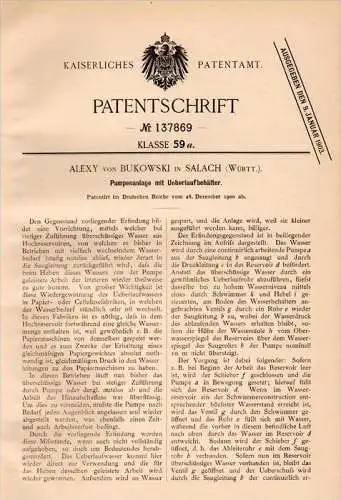 Original Patentschrift - Alexy von Bukowski in Salach i. Württ., 1900 , Pumpenanlage , Wasserwerk , Wasserpumpen !!!