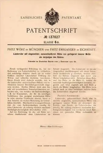 Original Patentschrift - F. Emslander in Eichstätt , 1901 , Läuterrohr mit Hülse , F. Wörz in München !!!