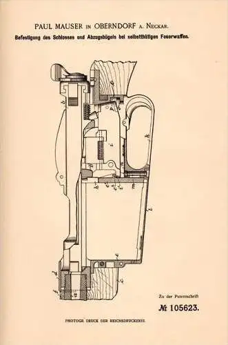 Original Patentschrift - Paul Mauser in Oberndorf a.N., 1898 , Abzug für Pistole , pistol , Waffe , Gewehr !!!