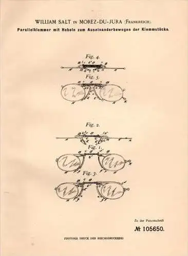 Original Patentschrift - W. Salt in Morez du Jura , 1899 , Dispositif de lunettes, opticien, ophtalmologue !!!