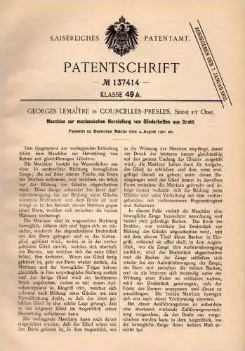 Original Patentschrift - G. Lemaitre dans Courcelles Presles , 1901 ,Machine pour maillons de la chaîne !!!