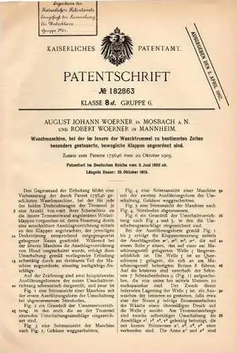 Original Patentschrift - A. Woerner in Mosbach a. Neckar , 1906 , Waschmaschine , Wäscherei !!!
