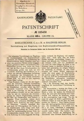 Original Patentschrift - Kriegstechnik GmbH in Halensee - Berlin , 1905 , Regelung von Explosionskraftmaschinen !!!