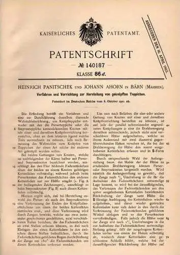 Original Patentschrift - J. Ahorn in Bärn / Moravský Beroun , Mähren , 1901 , geknüpfte Teppiche , Teppich , Perser !!!