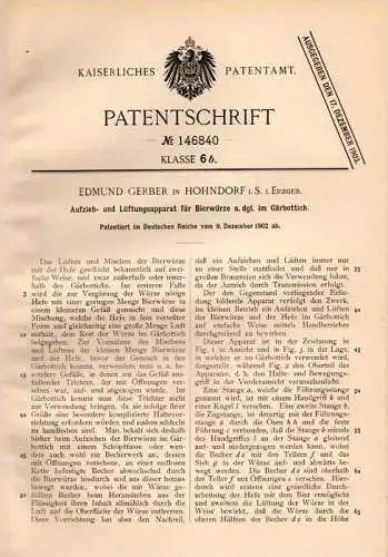 Original Patentschrift - Edmund Gerber in Hohndorf i.S., 1902 , Apparat für Bierwürze im Gärbottich , Bier , Brauerei !!