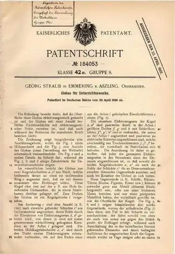 Original Patentschrift - G. Straub in Emmering b. Aßling , Oberbayern , 1906 , Globus für Unterricht , Erdkunde , Schule