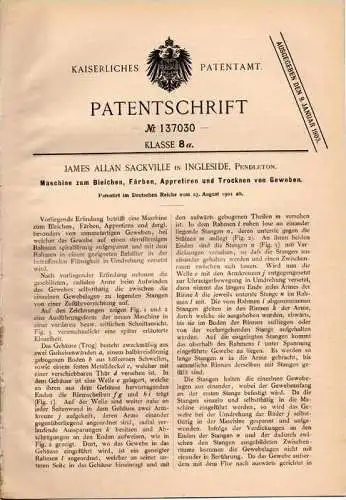 Original Patentschrift - J. Sackville in Ingleside , Pendleton , 1901 , Maschine zum Bleichen und Färben von Gewebe !!!