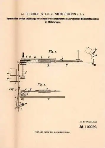 Original Patentschrift - Eugéne de Dietrich & Cie in Niederbronn i. Els., 1899 , Hebel für Motorwagen , Automobile !!!