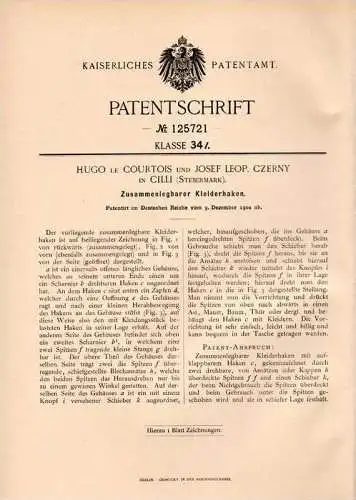 Original Patentschrift - H. le Courtois und J. Czerny in Cilli / Celje , Steiermark , 1900 , Kleiderhaken !!!