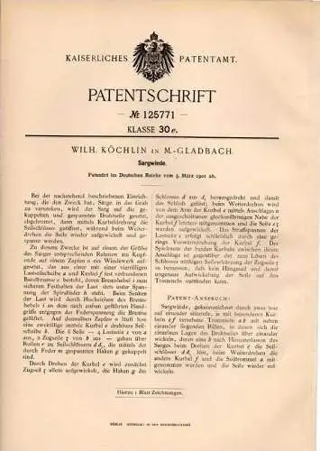 Original Patentschrift - Winde für Sarg , Sargwinde , 1901 , W. Köchlin in M.- Gladbach , Friedhof , Bestatter !!!