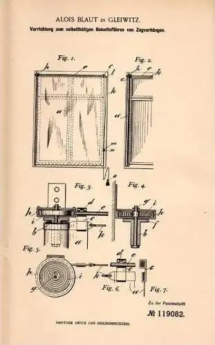Original Patentschrift - A. Blaut in Gleiwitz , 1900 , Vorhang , Gardine !!!
