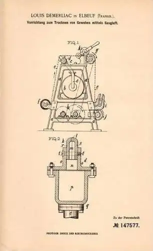 Original Patentschrift - L. Demerliac in Elbeuf , 1902 , Trockner für Gewebe  !!!
