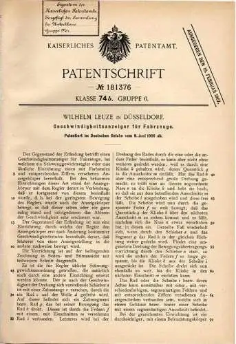Original Patentschrift - Tachometer , Tacho , 1906 , W. Leuze in Düsseldorf , Geschwindigkeitsanzeiger , Automobile !!!