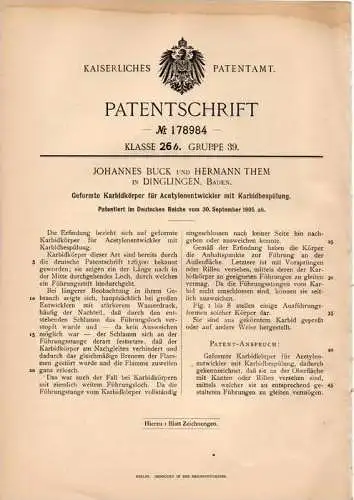 Original Patentschrift - J. Buch in Dinglingen / Lahr , 1905 , Carbidkörper für Acetylenentwickler , Acetylen !!!