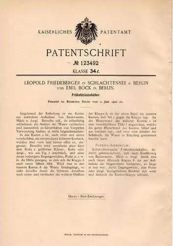 Original Patentschrift - E. Bock in Schlachtensee b. Berlin , 1900 , Behälter für Frühstück , Mahlzeit !!!