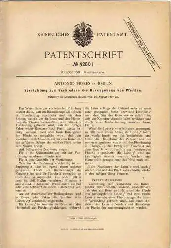 Original Patentschrift - Apparat gegen Durchgehen von Pferden , 1887 , A. Freres in Berlin , Pferde , Kutsche !!!