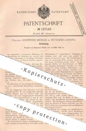 original Patent - Josephine Biehler , München / Giesing | 1898 | Briefaufzug | Aufzug , Brief , Post , Fahrstuhl !