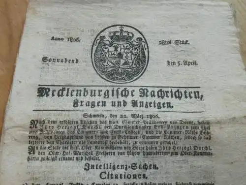 Zeitung Mecklenburg , 5.04.1806, Stargard , Güstrow , Wismar , Letzen , Teterow , Wismar , Lübz , Neubrandenburg , Bukow