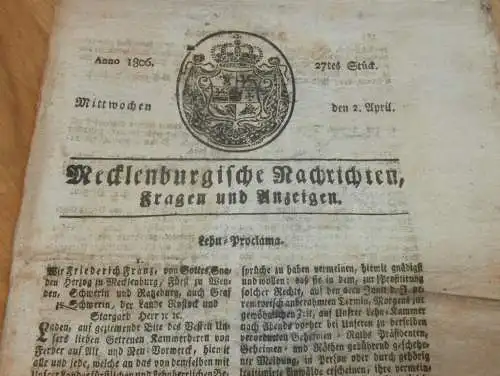 Zeitung Mecklenburg , 2.04.1806 , Grevesmühlen , Krakow , Gnoien , Selpin , Teschow , Teterow , Parchim , Neukalen Brüel