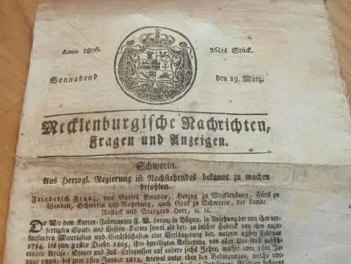 Zeitung Mecklenburg , 29.03.1806 , Spielkarten - Fabrik Lorenz in Bützow , Rehna , Zarnewanz , Ribnitz , Wismar !!!