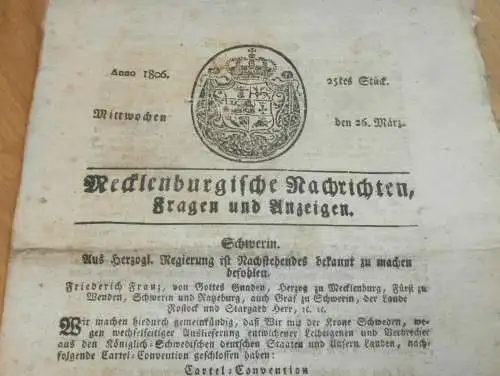 Zeitung Mecklenburg , 26.03.1806 , Parchim , Grevesmühlen , Grabow , Ribnitz , Gnoien , Groß Lunow , Miekenhagen