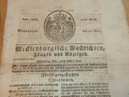 Zeitung Mecklenburg , 22.03.1806 , Güstrow , Stavenhagen , Cavelingen , Bützow , Parchim , Klueß , Neustadt , Gielow