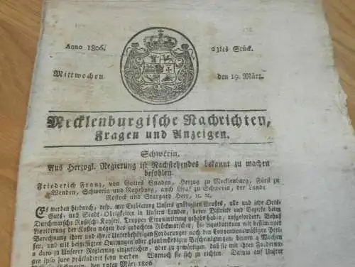 Zeitung Mecklenburg , 19.03.1806 , Gadebusch , Klueß , Remplin , Pentzien , Sternberg , Boldebuck , Restorff , Redewisch