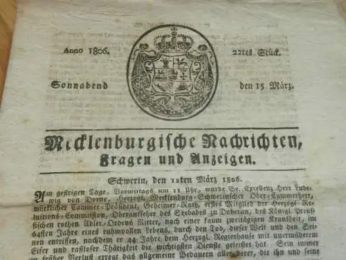 Zeitung Mecklenburg , 15.03.1806 , Neustrelitz , Röbel , Boizenburg , Steinhorst , Parchim , Ludwigslust , Neustadt !!